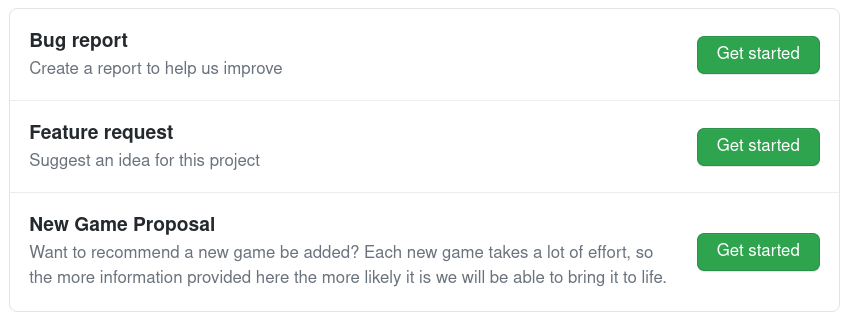GitHub issue templates, including option to propose a new game