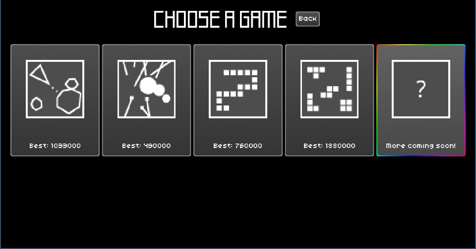 Retrowars game select screen, including option of 'more soon'