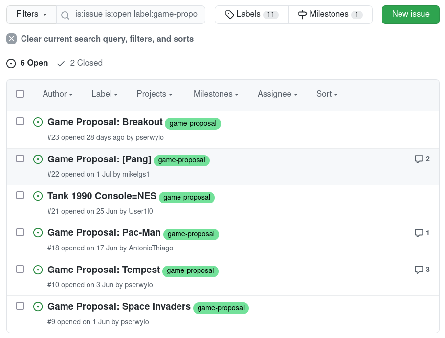 GitHub issue page listing proposed games